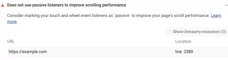 Screenshot of PageSpeed Insights showing a warning the site doesn't use passive listeners to improve scrolling performance.