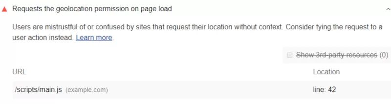 A screenshot showing the PageSpeed Insights note that the page requests the geolocation permission on page load.