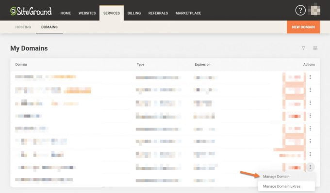 Actions Manage Domain