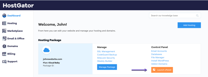 HostGator Dashboard Launch cPanel