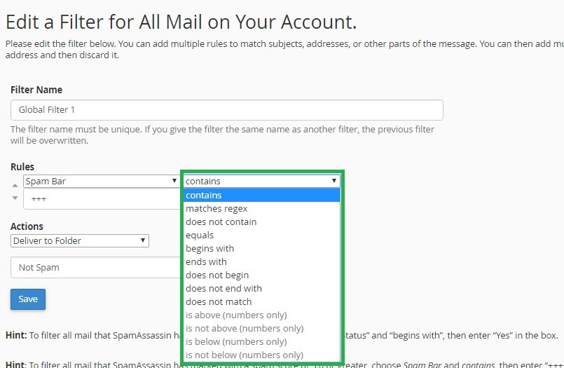 configure email filter criteria