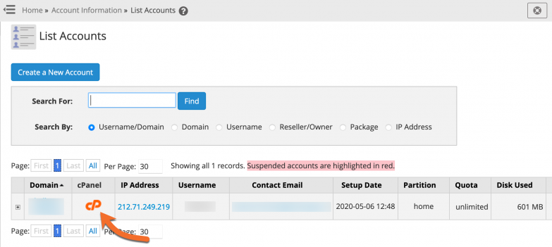 WHM > List Accounts > cP icon