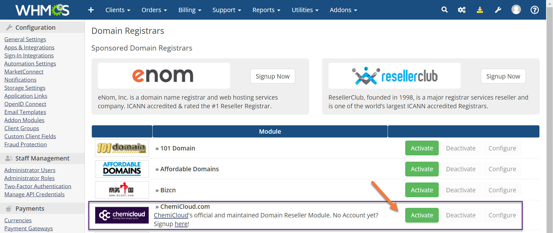 Configure Domain Registrars in WHMCS